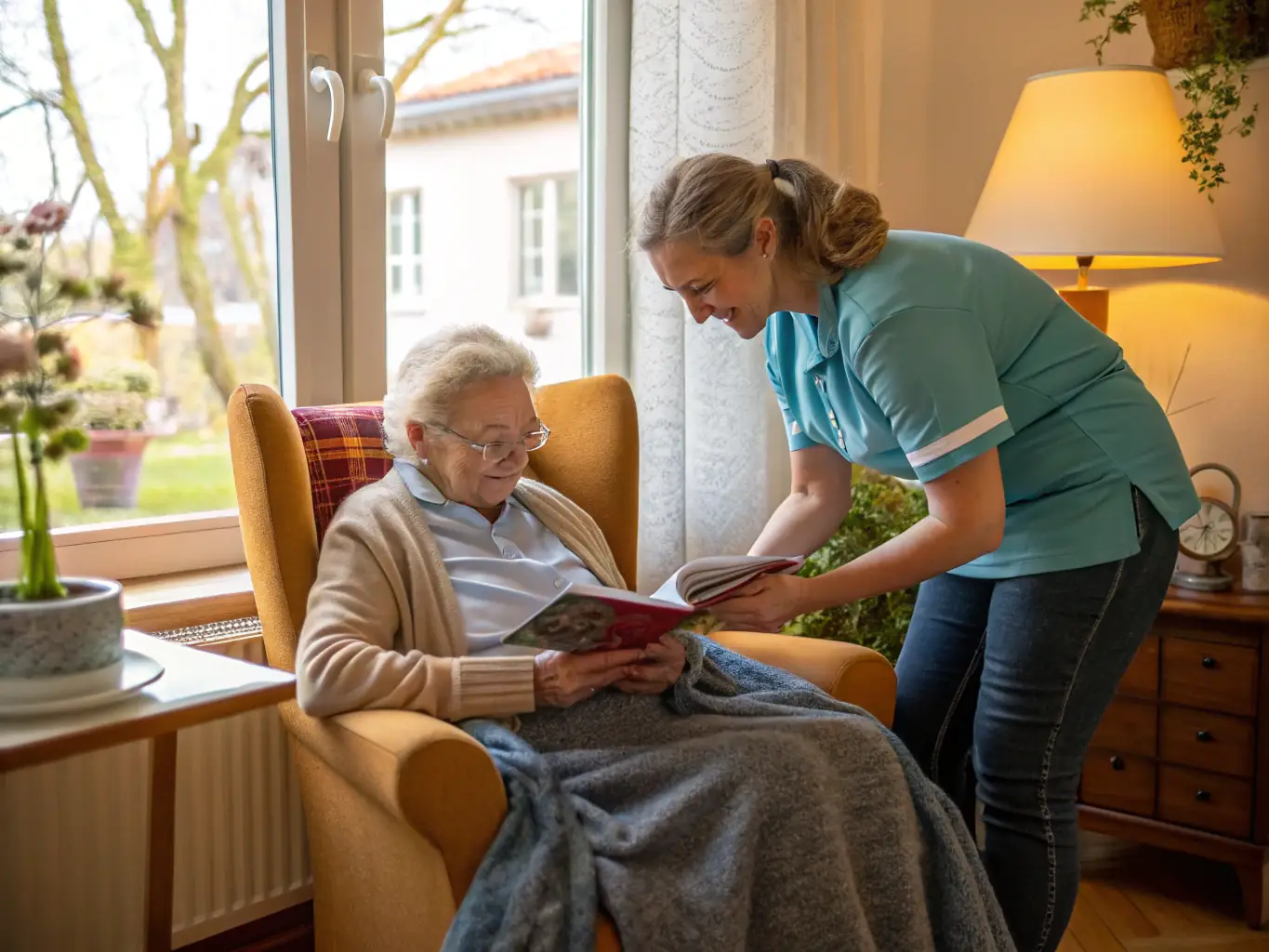A photograph of a senior resident engaging with a dementia care app on a tablet, with a caregiver assisting, highlighting the app's user-friendly interface.