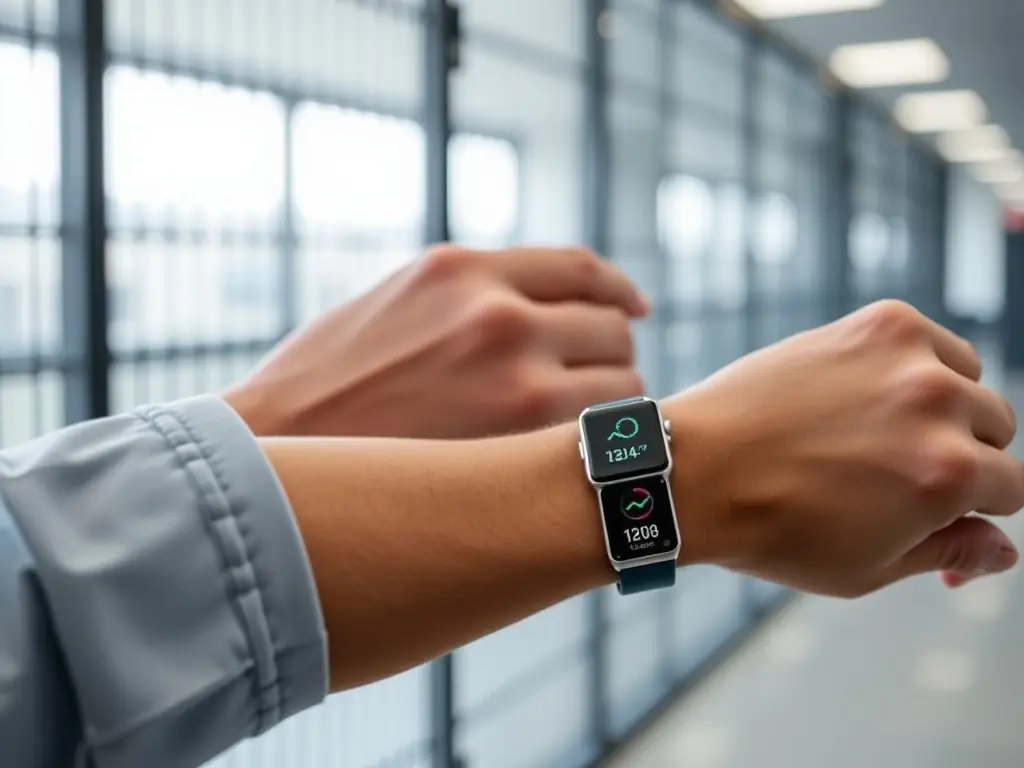 A smartwatch displaying real-time monitoring data from a dementia care app, showing vital signs and activity levels of a resident in an aged care facility.