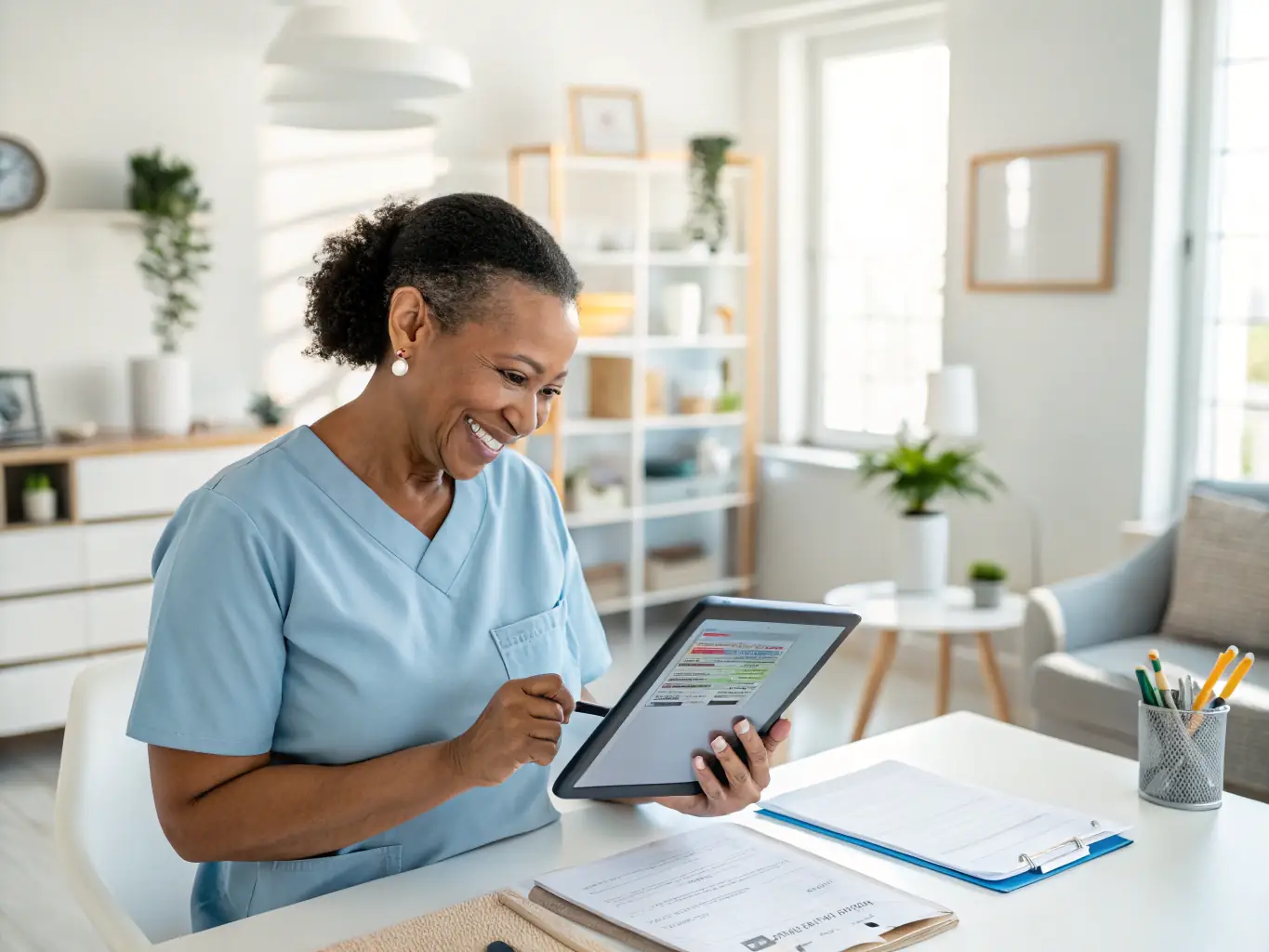 A caregiver using a tablet to access a dementia care app that helps with personalized activity planning for a resident in an aged care facility.