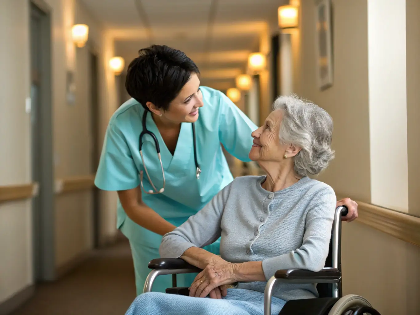 A digital illustration depicting a caregiver using a tablet to monitor a patient's vital signs in an aged care setting, showcasing the use of healthcare management tools.