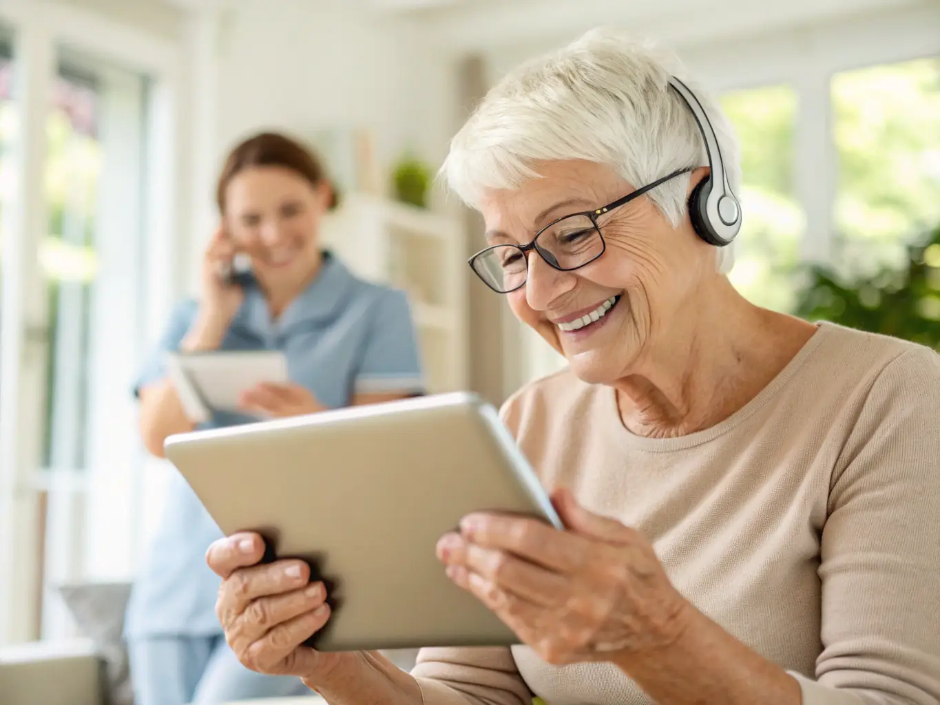A tablet displaying a dementia care app with a simple, user-friendly interface, showing a cognitive stimulation game designed for elderly users in an aged care facility.